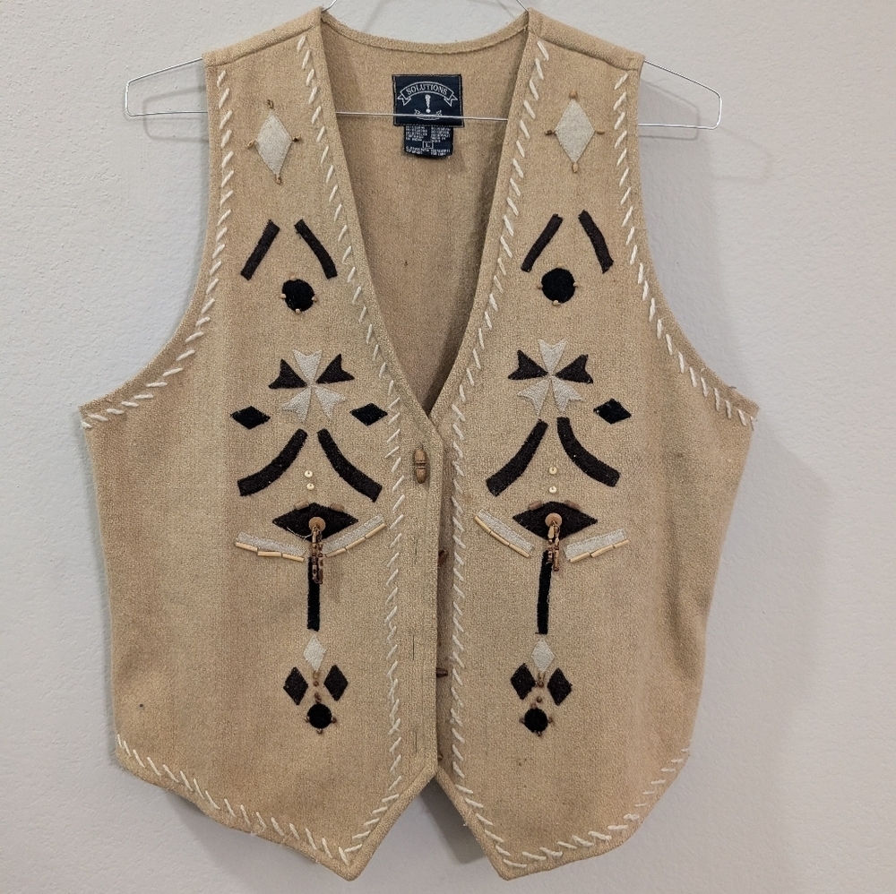 Vintage Cottage Core Size Large  Beige and Black Patterned Vest